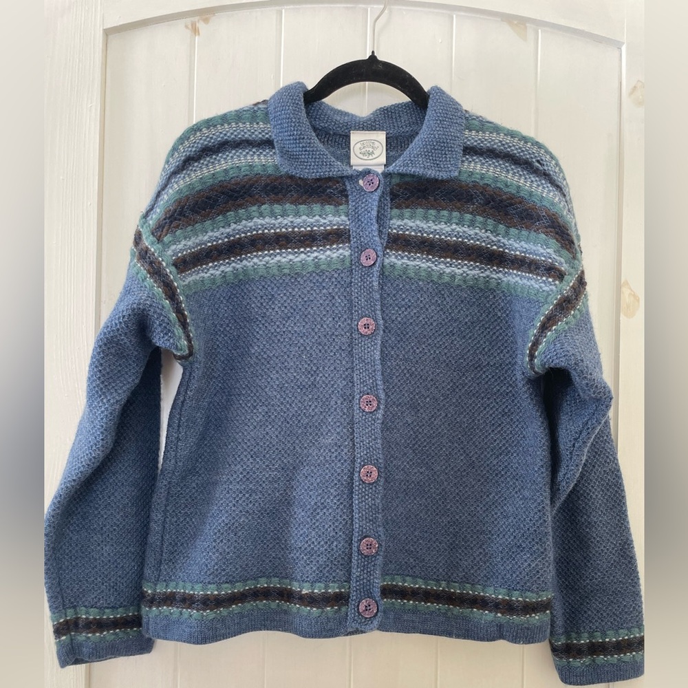 Laura Ashley Blue Striped Wool Button-Up Cardigan